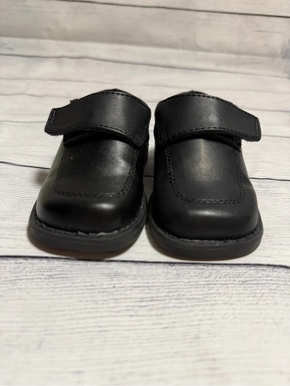 Toddler Boys Black Leather Dress Shoes with Hook-and-Loop Strap